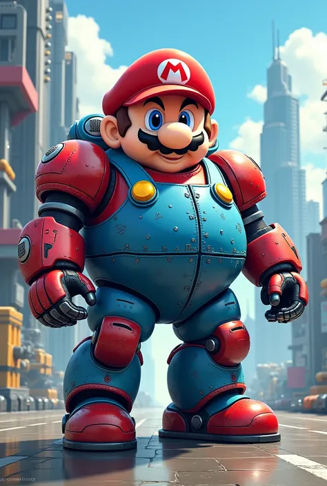 Gundam，（Gundam）Cyberpunk，Mario，Machinery of the future， Anime style 3d，Gundam，Round，Chubby，cute，Mario，Blue overalls，