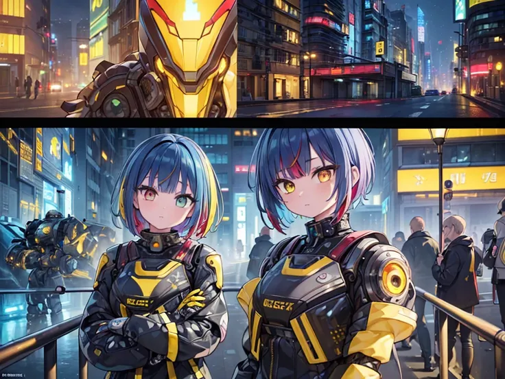 (masterpiece:1.3), (Best Cinematic Quality:1.2), (Very detailed settings:2), (soft+Artistic lighting), (One person), short blue haired, (eye+yellow+red:1.4), (multicolored eye+heterochromatic eyes), Cyberpunk attire, Futuristic, Technical, Cityscape (Aroun...