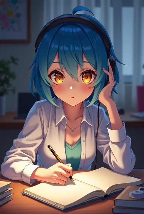 A FEMALE ANIME CHARACTER. WITH YELLOW EYES AND SHORT BLUE HAIR. HE IS IN HIS ROOM STUDYING WITH HEADPHONES. WITH A NOTEBOOK AND A PENCIL. AND SOMEWHERE IT NEEDS TO BE WRITTEN LOFI ARESION
