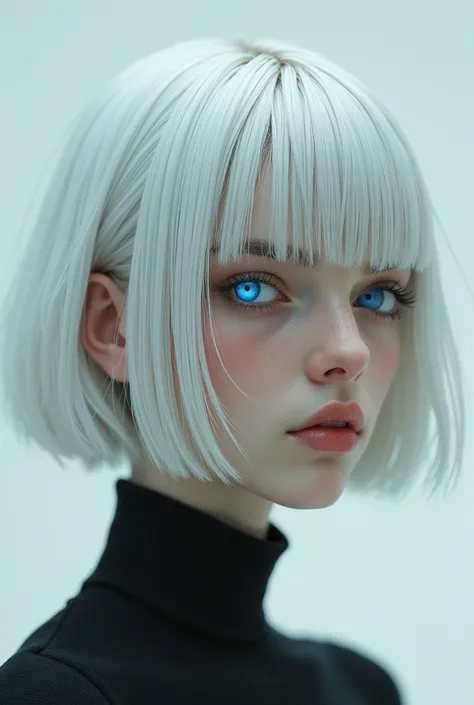 Please create an image of a girl with short white hair on her shoulders, straight and one blue eye , a slightly more MASCULINE FACE