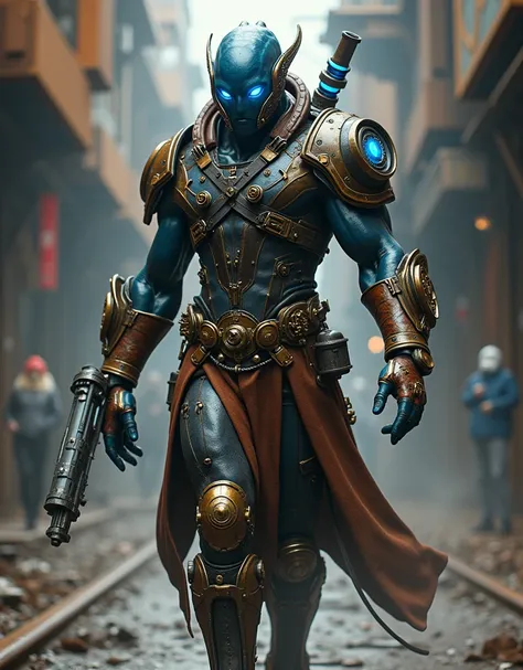 A tall, muscular humanoid alien  glowing blue eyes, clad in sleek steampunk armor. His outfit fuses brown leather and cobalt-blue metal plates with brass gears and glowing blue energy tubes. Equipped with mechanical gauntlets and steam-powered boosters, he...