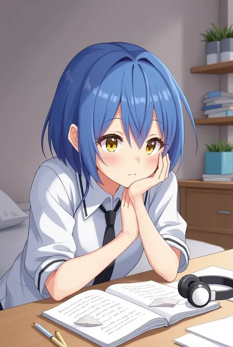 A FEMALE ANIME CHARACTER. WITH YELLOW EYES AND SHORT BLUE HAIR. HE IS IN HIS ROOM STUDYING WITH HEADPHONES. WITH A NOTEBOOK AND A PENCIL HE IS LOOKING AT THE NOTEBOOK WITH A SERIOUS AND RELAXED FACE. I WANT A BROADER SCENARIO.

