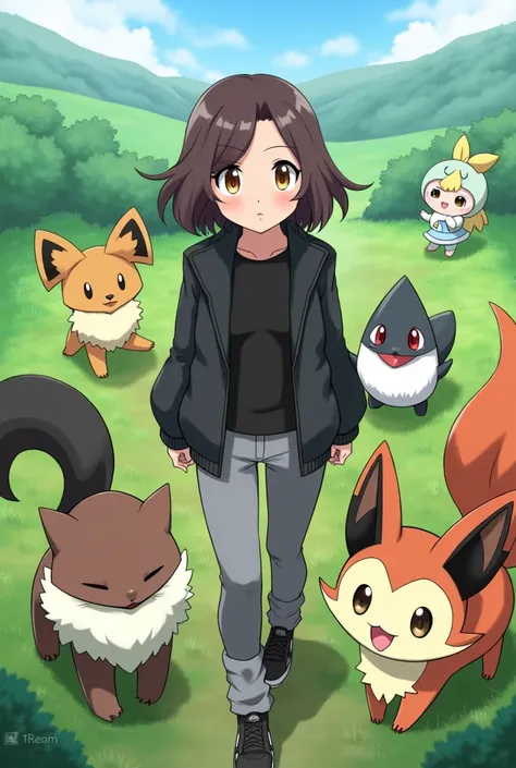 Pokemon, A Girl, Dark Brown Hair, Golden Eyes, Black Jacket, Grey Pants, Ledyba, Wooper, Sewaddle, Fennekin, Pidove, and Carbink