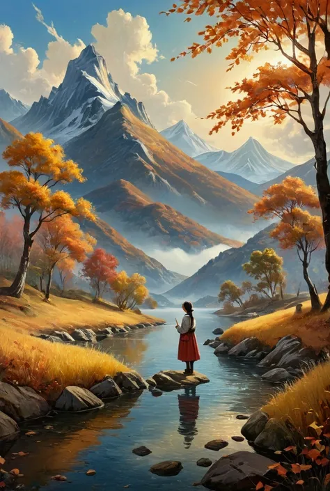 Autumn scenery,painting,One Girl,Standing by the water,A tranquil world,Mountain々A series of,Masterpiece,fine,Artistic,Like a scene from a movie,Indicative,