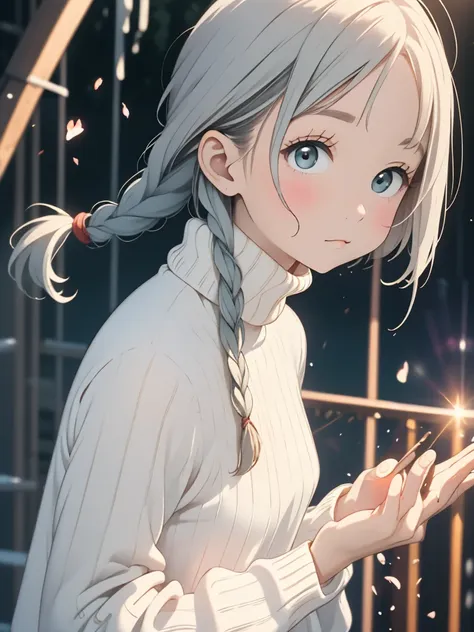 one woman, 14 talents, cozy turtleneck sweater, upper body angle, very cute, perfect good looks, braid, ash gray hair, glare of ...