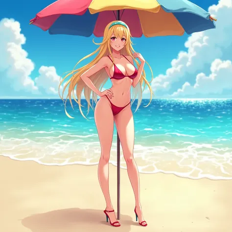 1 Anime Female，adult，Glamorous figure，blonde，Long Hair，Red eyes，Sexy Swimwear，High heel sandals，Daytime beach，Beach parasol，Standing，smile，High resolution，