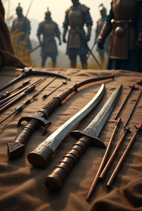 Create a detailed depiction of traditional Mongolian weapons used in warfare. Include items such as the composite bow, intricately designed with decorative elements and powerful enough for long-range shooting. Feature the Mongol sword, known for its curved...