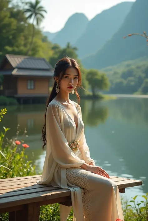 Beautiful Thai woman,Look at the camera.,Sit on a long bench,By the lake,Beautiful nature,mountain,tree,Riverside House