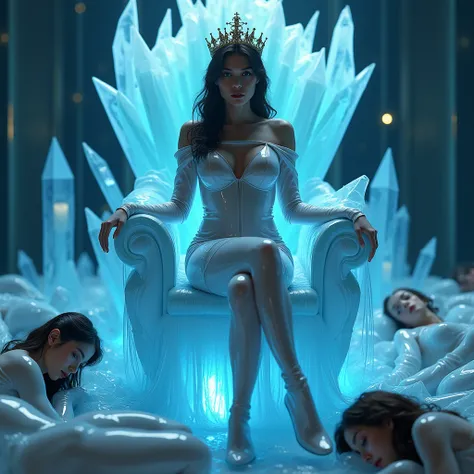 (masutepiece:1.0), (Best Quality:1.4), (A high resolution:1.2), (Photorealistic:1.4), (8K, Raw photo:1.2), (Soft Focus:1.4). A queen wearing a translucent latex gwon, japanese, big breasts, bondage on blue transparent crystal throne, her legs crossed. (The...