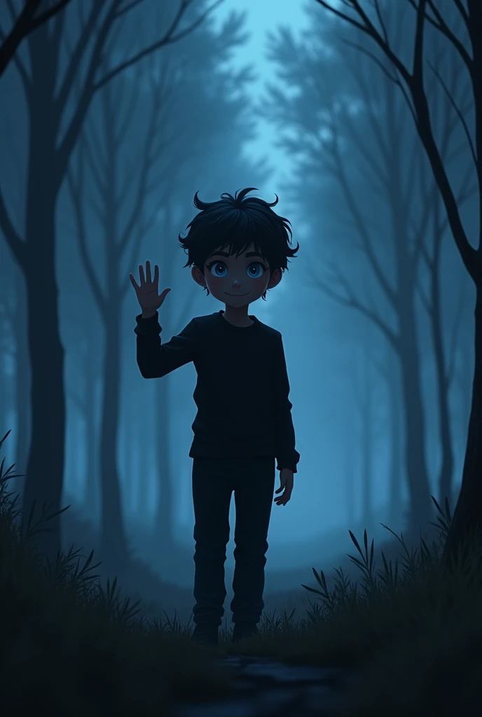 a boy with black hair and blue eyes in a black outfit waving in a night landscape.