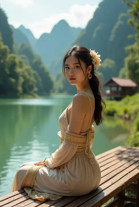 Beautiful Thai woman,Look at the camera.,Sit on a long bench,By the lake,Beautiful nature,mountain,tree,Riverside House