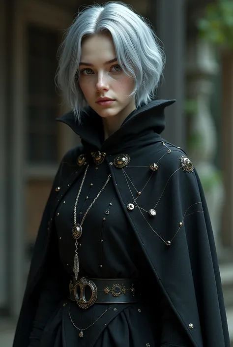 Her appearance is that of a mesmerizing looking woman, wears black clothes in a mystical medieval style with constellation details. Her hair is gray and short., your black eyes 3d art, high, detailed, full body art, dark fantasy