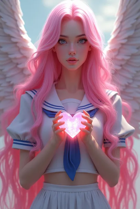 A beautiful woman with long, pink hair, like a goddess.、With a heart-shaped gem in each hand、The outfit is a sailor suit