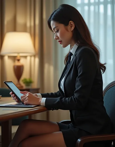 (((ผลworkชิ้นเอก))), (((Highest quality: 1.4))), ((Superb details: 1.4)) , Woman in suit using tablet computer in room, mesmerizing beauty、pencil skirt、Ultra-realistic tights、Skirt and stockings、A hardworking and capable beautiful secretary、work, Under the...