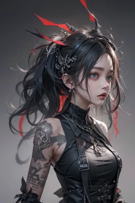 Highest quality、8k、masterpiece：1.3、Gothic Punk、The inside color is red、Gray Black Hair、Hair ornaments、beautiful girl、creative、Dark Fantasy Style、Neogoth、Goth Fashion：1.2、High resolution、masterpiece、Highest quality、頭w:1.3、((Hasselblad Photos))、Fine skin、Sha...