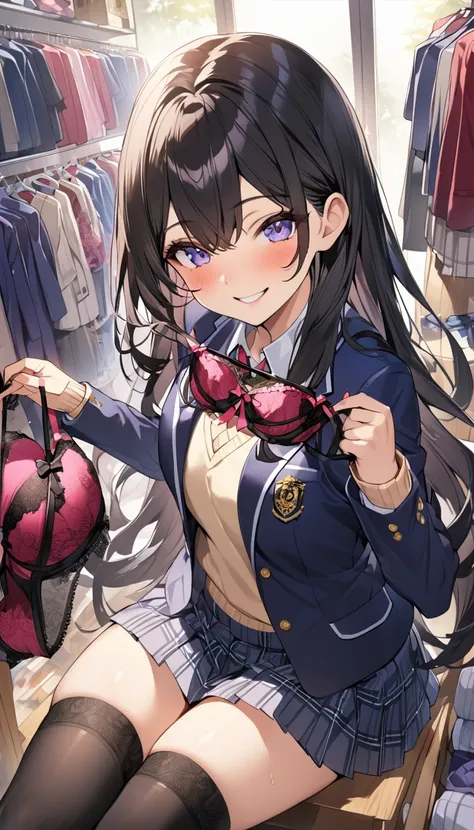 One Woman、beautiful girl、Lingerie Shop、Holding a bra、Spreading her lingerie、high school girl、School、Make your eyes sparkle、smile、smile、Blazer uniform、Pleated skirt、Black knee-high socks、Long Hair、Highest quality、Ultra HD、Black Hair、There are many female cu...