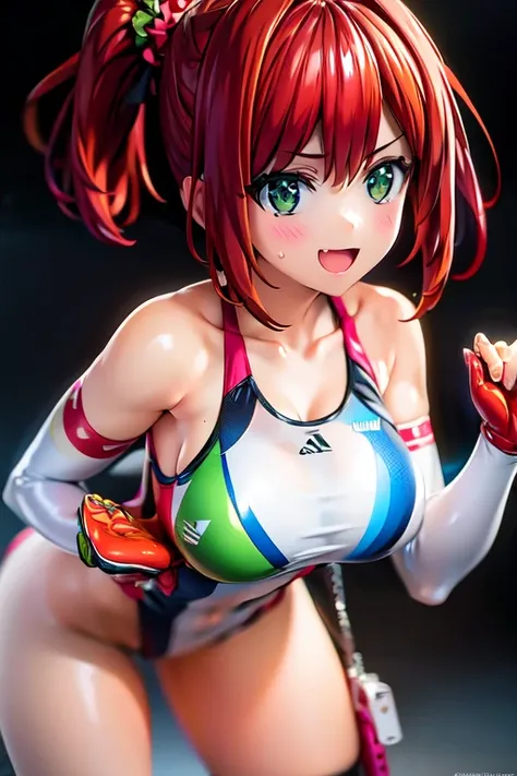 Highest quality, masterpiece, Highly detailed CG, Official Art , Professional Lighting, sakimiyairuka, On the one hand, Green scrunchie, Hair accessories, Redhead, Green Eyes, Perfect Face, Glowing Skin], between legs,(leotard), Locker Room