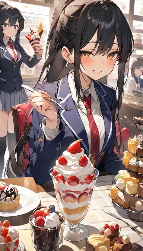 Two Women、Sisters、beautiful girl、sweets shop、Sit on a chair、Holding a fork、Eat sweets、Eat a parfait、Parfait to the table、high school girl、School、目を閉じてsmile、smile、Blazer uniform、Pleated skirt、Black knee-high socks、Long Hair、Highest quality、Ultra HD、Black Ha...