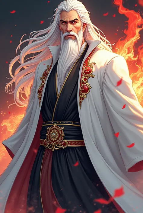 Make a murim manhwa character, with long white hair, He has red eyes, he has a white beard he wears a white cloak with red and gold details, he is a man and handsome with the appearance of an adult. I don&#39;t want a realistic character just from murim ma...