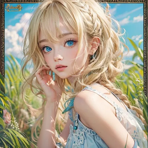 masterpiece: 1.2, Portraiture, Highest quality), Realistic, (Live Action, Intricate details, Detailed border), Highest quality, masterpiece, Attention to detail, semi-Realistic, On the grass, shy, 2, Short blonde, blue eyes, blonde、 Slim figure、Shoulder Ba...