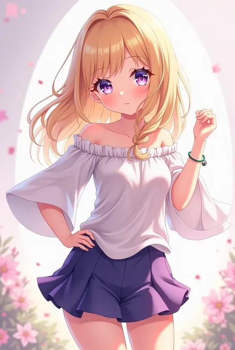 Anime blonde girl with violet eyes wearing a mini skirt and blouse

