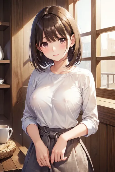 anegasaki nene、Shiny brown hair, short hair, (Beautiful brown eyes、Sparkling eyes, Fine grain)、smile、Ultra-detailed eyes、Highly detailed face, Highly detailed eyes,Cowboy Shot、



(masterpiece, 最high quality, high quality),
A knit top that lets your nipple...