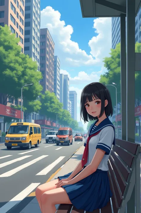 Beautiful girl still innocent wearing high school uniform, sitting at a busway stop in Jakarta city, during the day with very congested roads, building background , office, and expense control 