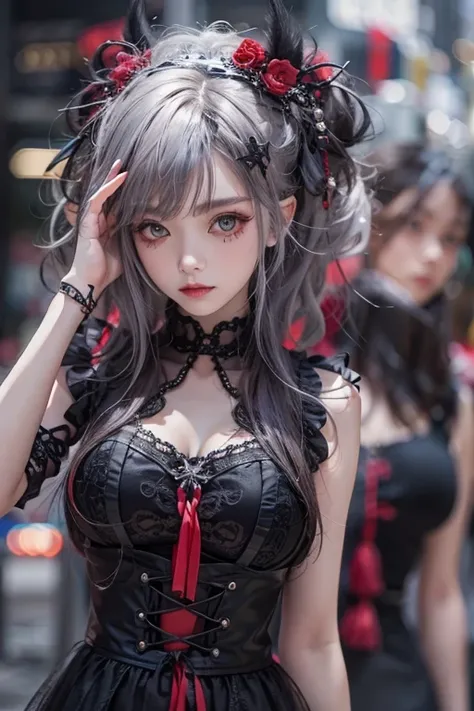 Highest quality、8k、masterpiece：1.3、Gothic Punk、The inner color is red、Gray Black Hair、Hair ornaments、beautiful girl、creative、Punk Shirt、Neogoth、Goth Fashion：1.2、High resolution、masterpiece、Highest quality、頭w:1.3、((Hasselblad Photos))、Fine skin、Sharp focus、...