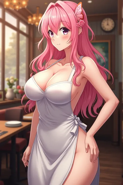 1girl, solo, nakano nino, pink hair, butterfly hair ornament, (naked:1.3), (white apron), large breasts, cleavage, thighs, cafe background, (blushing:1.3), anal