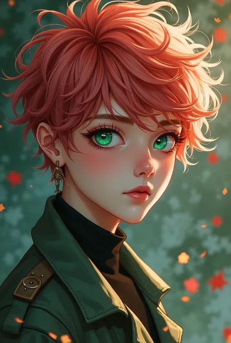 A teenager, mix of a red haired boy and a pink haired girl. With green eyes. 