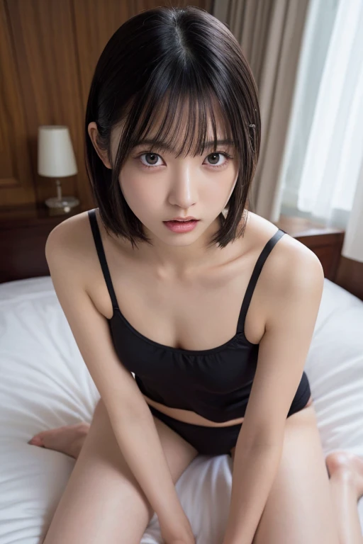 highest quality,ultra-high resolution,1 person,black hair, beautiful skin,bed,thin thighs,slim body,small breasts, small underwe...