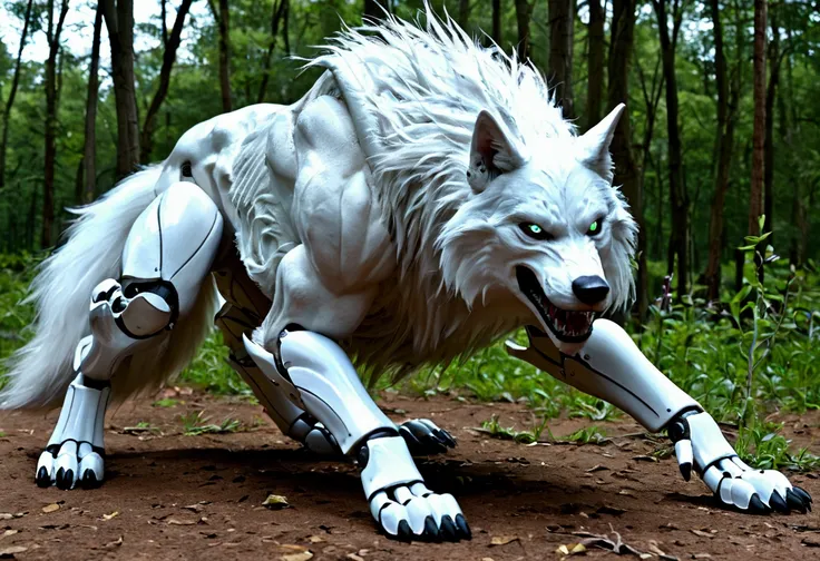 A (scary, clearly robotic, white wolf) chases an R2D2 through an alien junk yard, life or death chase