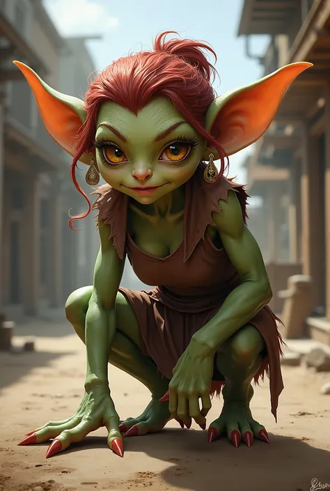 A small, young, hunched female goblin with greenish skin and wine-red hair and large ears with earrings. She has large hands and feet with claws. The character should be styled in a fantasy RPG art style, set in the Old West. She is mature.