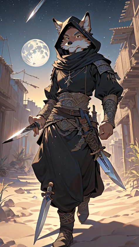 (masterpiece),(highres),(intricate details:1.4),extremely detailed,(illustration:1.2),8k,photorealistic,exquisite,in the desert,moon night,a dynamic and mature fox,(thieves attire:1.7),(Single person photo:1.9),(Equipped with two white daggers on the waist...