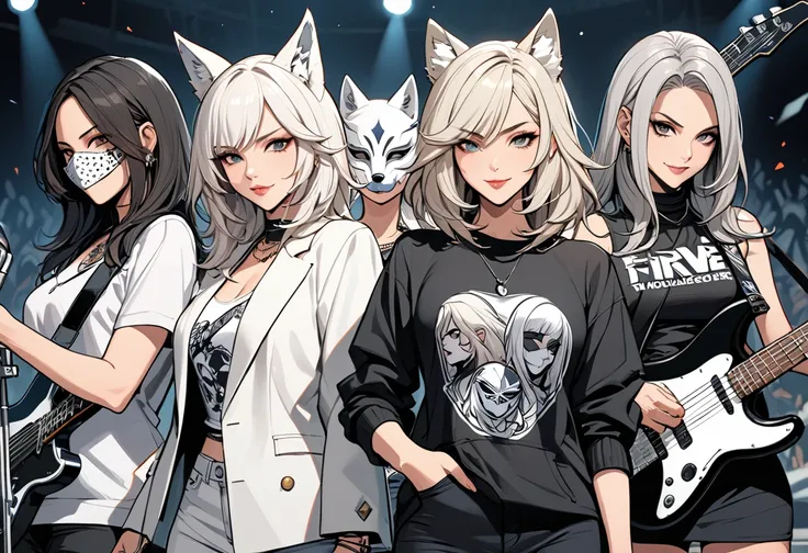 (masterpiece, best quality:1.2), Cartoon style, Rock band musicians of five women, musicians wearing white color various clothes, all members are wearing white wolf masks, rock metal bands