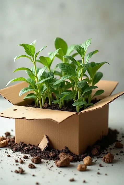 Create an image of an open box containing plant seedlings destroyed by the impact of transportation