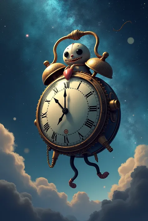 A clock without hands or legs wearing luffys strawhat in a void galaxy background 