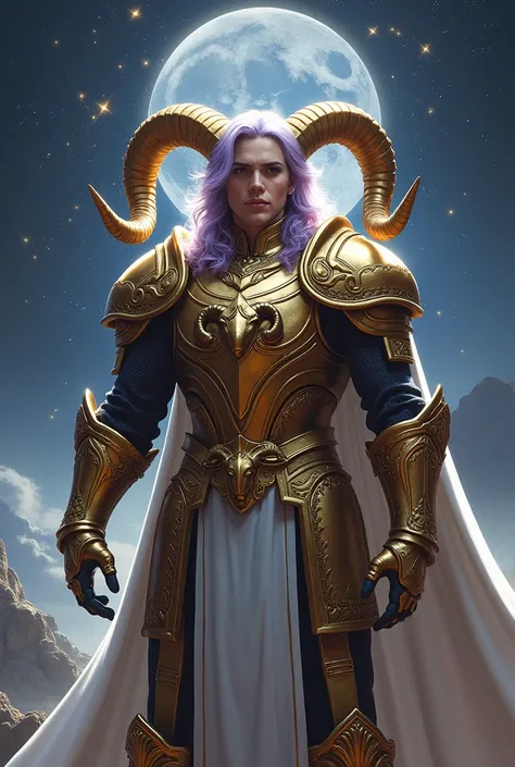 A man wearing medieval armor gilded as gold, with two ram&#39;s horns on his arms. On his chest the head of a ram is carved. a white cape on the back. Her hair is lilac and long. The constellation Aries shines in the sky amid a shower of shooting stars 