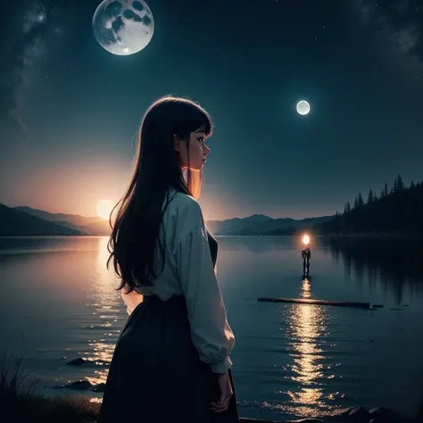 Woman gazing at a lake at night, moon, Beautiful view, Wind, beautiful