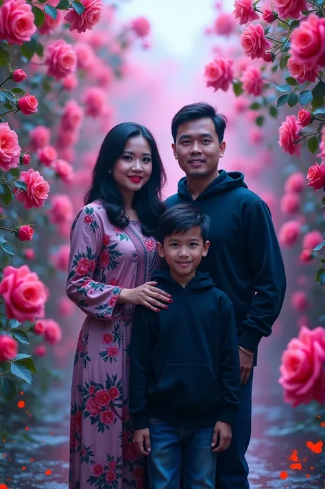 Indonesian couple with  son wearing black hoodie looks graceful and beautiful standing in the middle of neon colored roses, Vibrant neon purple green red. with splashes of white water and spills of neon colored paint, The background feels mystical and ench...