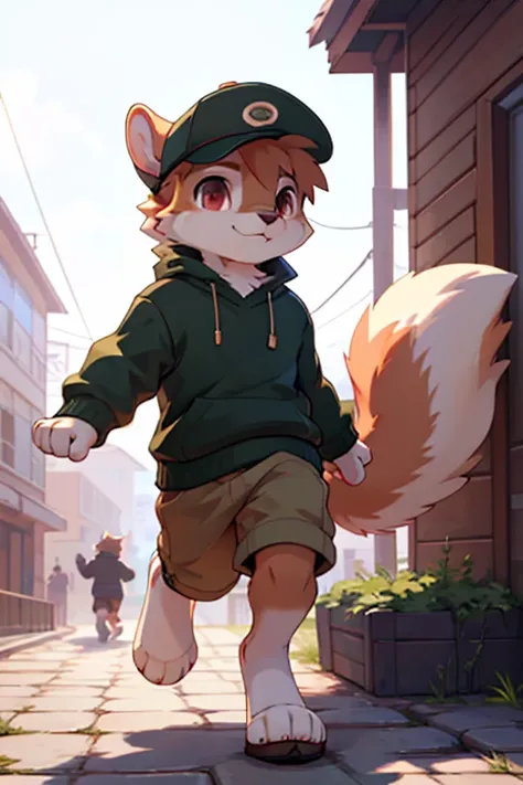 1 squirrel, open air, sweater, cap, looking at another, Gender , 8K resolution, highy detailed, anatomically correcte, clear image, digitalpainting, conceptual artwork, trend on pixiv, Makoto Shinkai style, white background, concept art, running waving, fu...