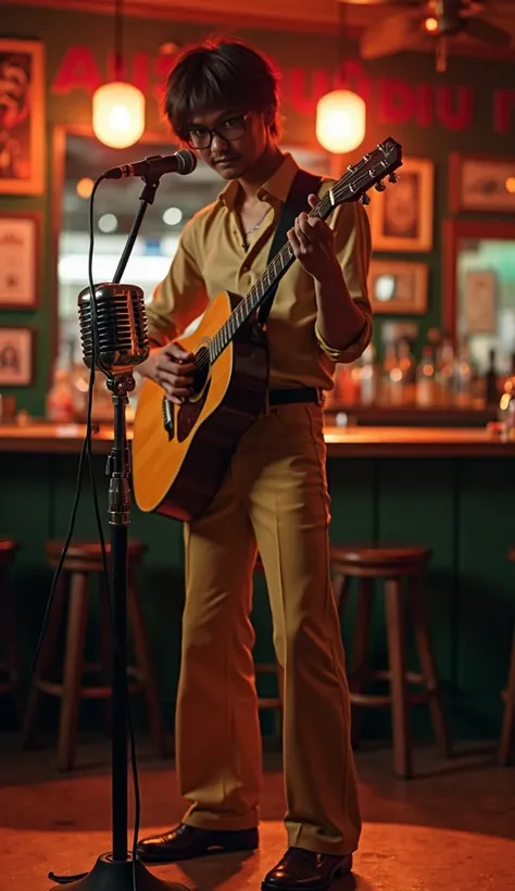 1 Thai man, standing playing guitar, There is a vintage microphone. , (On stage in a pub), Dress in vintage style, ((Wear flared pants)), Wear a vintage style shirt, Facing straight, It is a realistic photograph.