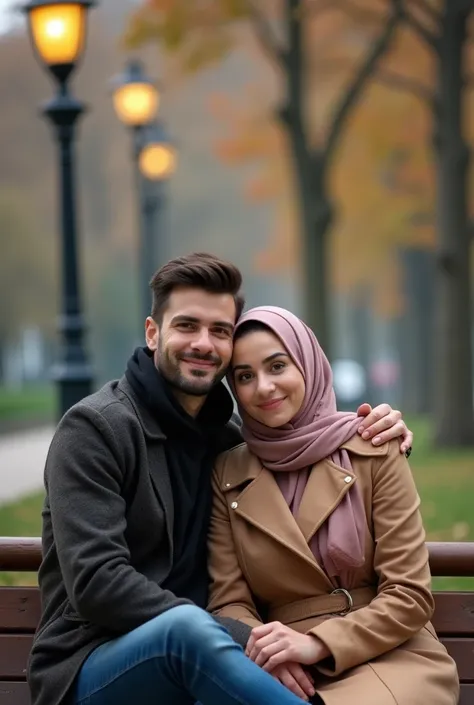 professional photography, looking at the camera, focus on the camera, a couple of lovers, a handsome man, and a woman in a hijab, sitting on a park bench, with a soft blush view, there is a street lamp on the side, the background is blurry, in a full body ...