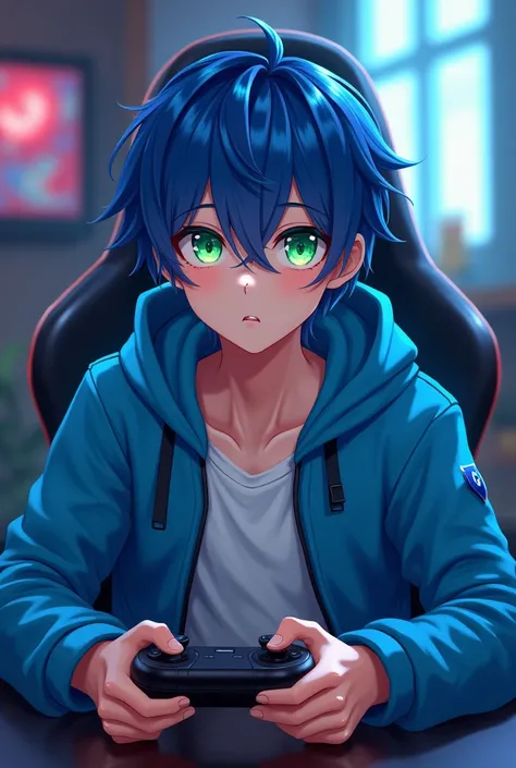 Handsome man in anime style,Blue gamer jacket outfit,youth,Her hair color is blue.,Green eyes, Only from the belly up、Have a controller、Sitting in a gaming chair、There is a cross highlight in the eye