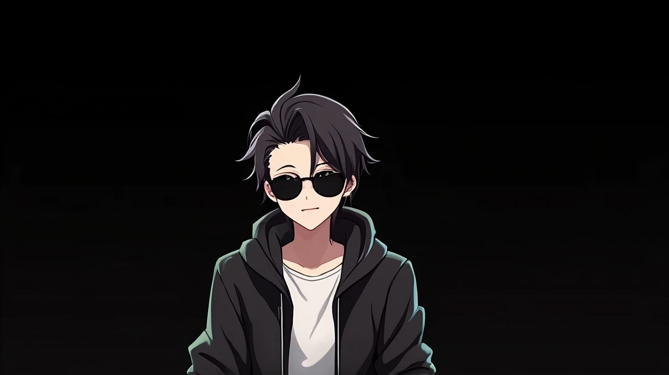 a 25-year  anime character sitting behind a desk in a futuristic studio, wearing a black  hoodie.have a black sunglasses. studio  background, smooth, soft, ultra sharped , detailed, looking straight forward, centered in the image, straight, front-facing a ...