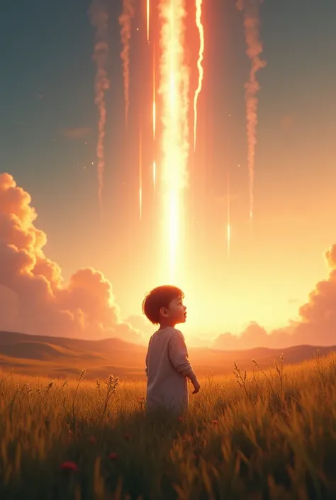 A child in a field watching the rockets fall. 