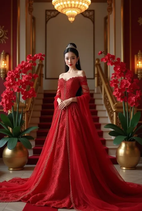 A beautiful Thai woman. clean white skin, perfectly maintained face, black hair in a bun,accessories, wearing a long luxurious wedding dress that flares down to the floor, ,red lace brocade color,, Transparent red scarf draped over the shoulder. posing smi...