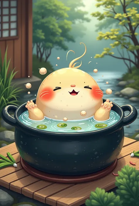 A kappa is taking a bath in a sukiyaki pot