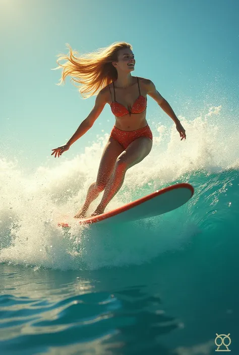 Image of a beautiful girl flying on the ocean waves on a surfboard