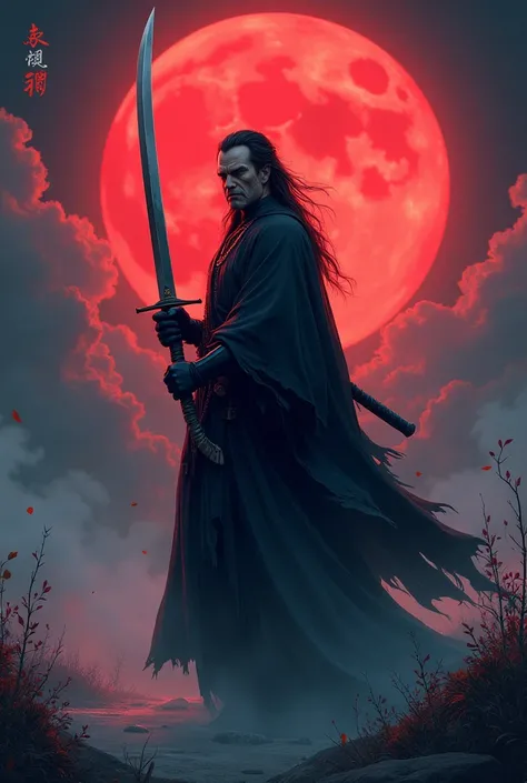 background red-moon, masterpiece, sumie_cartoon_style, octane_render, 1 mature_dark_knight, hold the sword sideways, dynamic_action, upward_face, one_eye, closed_eyes, serious, from_below, ethereal_lighting, light_shadow_symmetry 